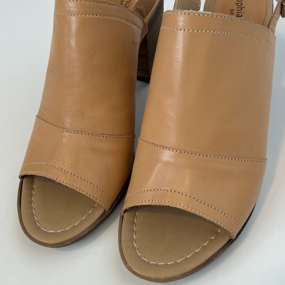 Sophia Milano tan leather mule clogs Open toe heels Sling back heeled sandals - Picture 4 of 9